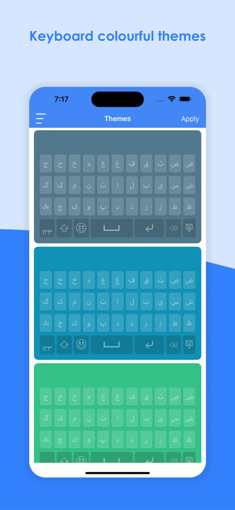 Display of various colorful theme options for the Persian keyboard script on a smartphone screen