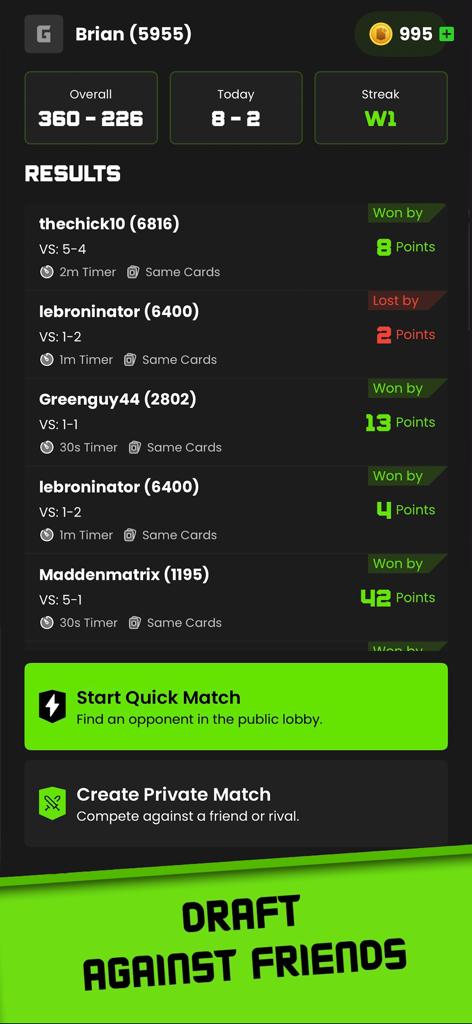 Griddy app match history screen showing versus results and player stats