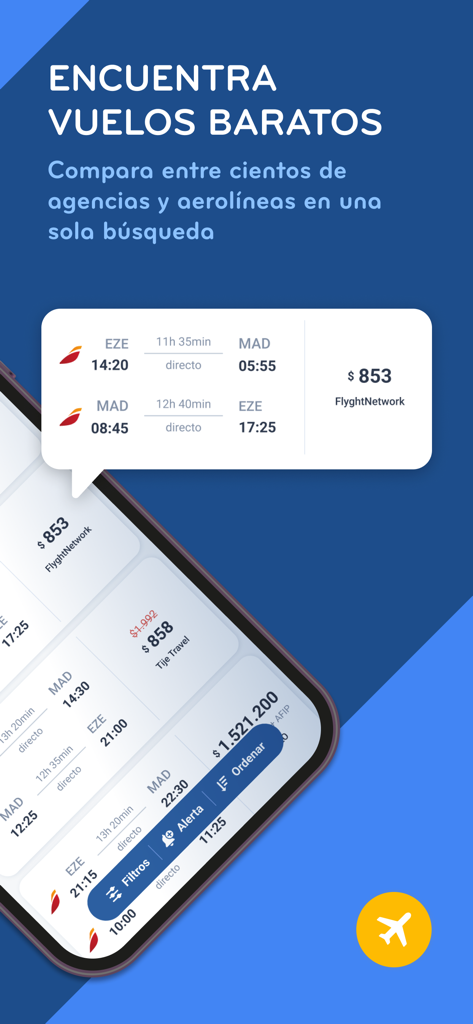 Turismocity app showing flight prices and airline search results