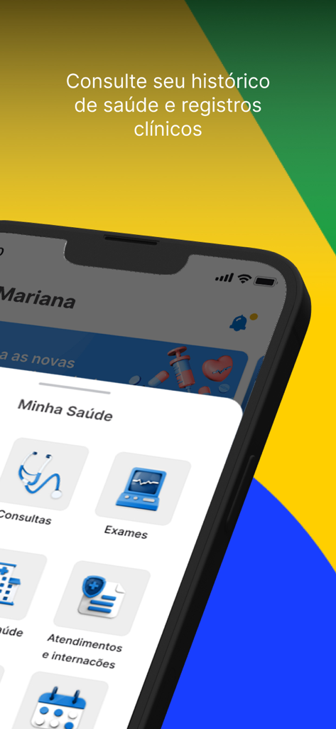 Meu SUS Digital - Meu SUS Digital app screen displaying health history and clinical records including icons for exams and medical appointments