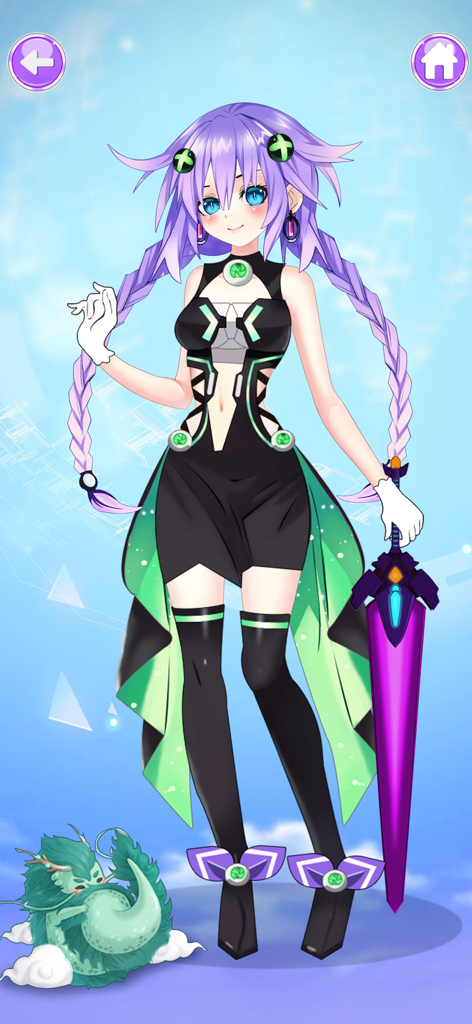 Anime Dress up Games Fashion - Chica anime con trenzas moradas en un atuendo de guerrera sosteniendo una gran espada