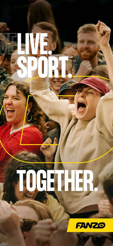 Un grupo de fans deportivos diversos y entusiastas animando juntos con el texto Live Sport Together