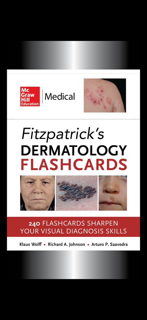 Fitzpatrick's Dermatology Flashcards app cover screen displaying McGraw Hill Education branding and clinical images of skin conditions