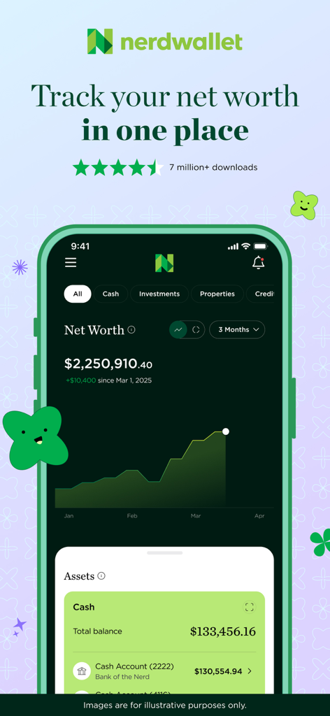 NerdWallet app interface showing a net worth dashboard with a positive growth chart and asset breakdown.