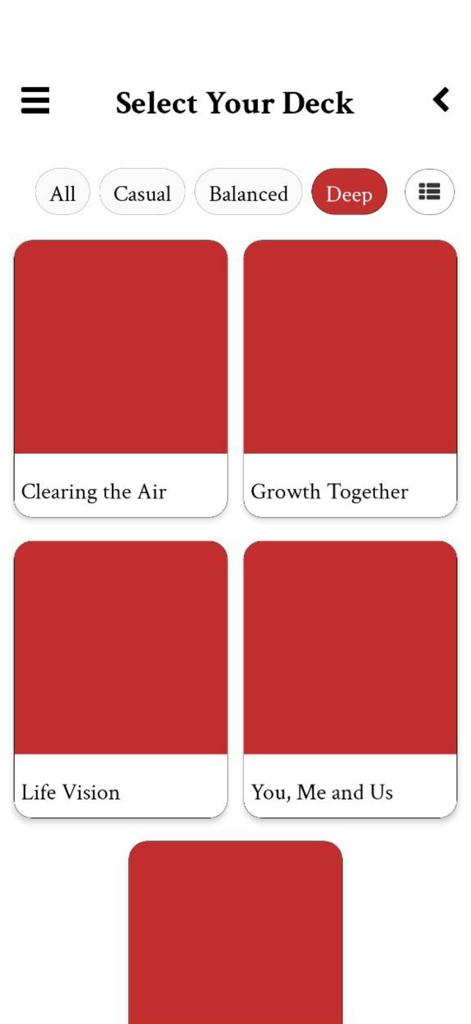 The deck selection screen of the Cairds app displaying deep conversation categories like Growth Together and Life Vision