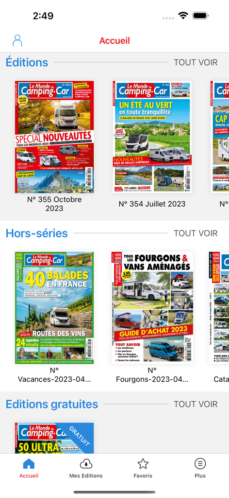 Le Monde du Camping-Car - Le Monde du Camping-Car app home screen showing digital magazine editions and special issues for RV enthusiasts.
