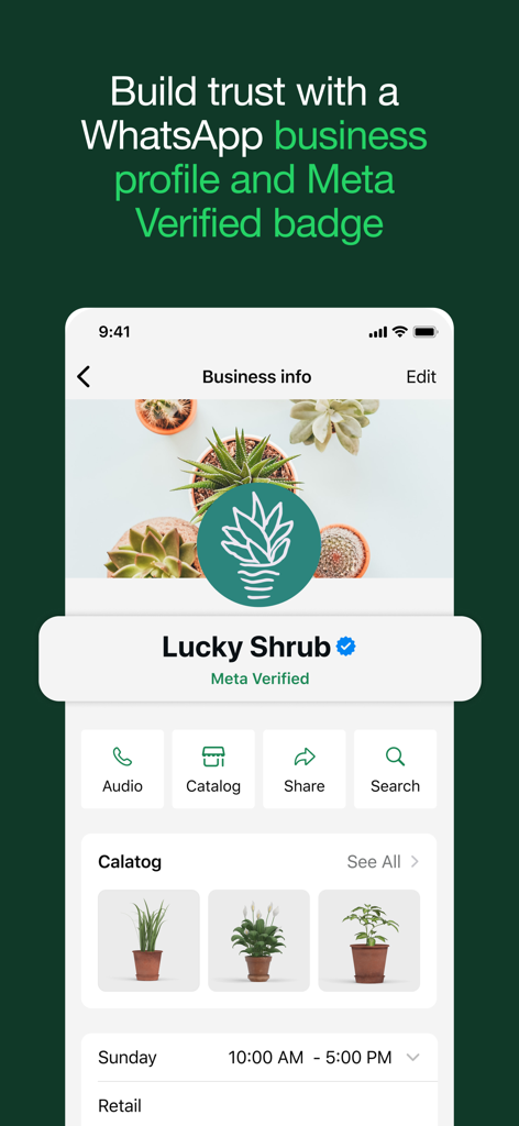 Profilo WhatsApp Business per un negozio al dettaglio che mostra un badge Meta Verificato e un catalogo prodotti