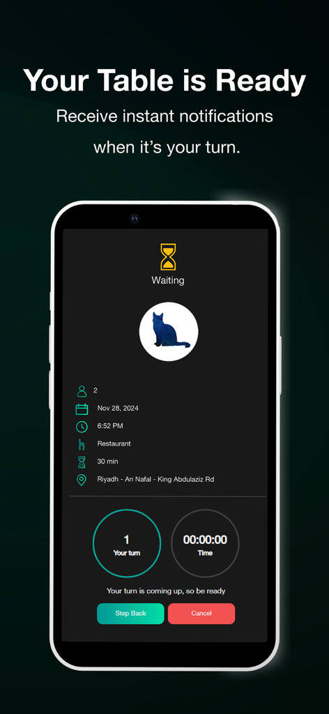 Affichage de smartphone montrant l'application Wddk avec un statut de file d'attente de restaurant et une alerte de table prête
