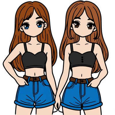 two sisters with crop tops and jean shorts and straight hair