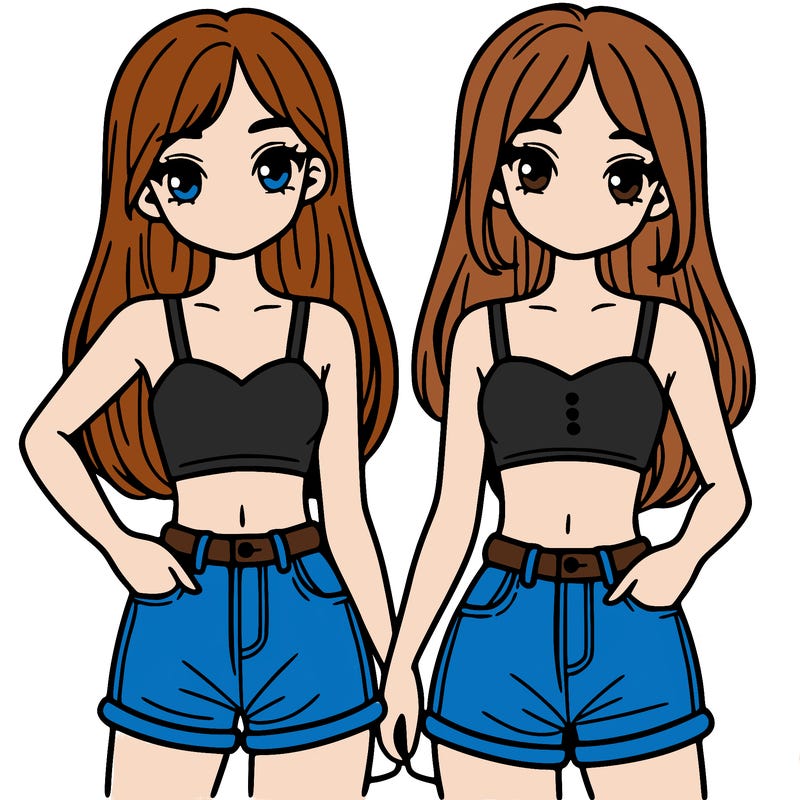two sisters with crop tops and jean shorts and straight hair