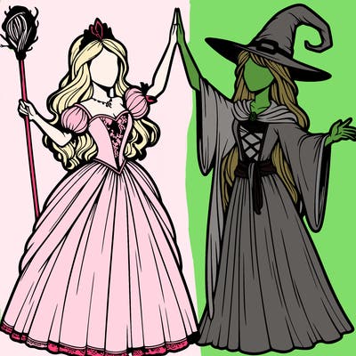 detailed realistic split of a princess and a witch