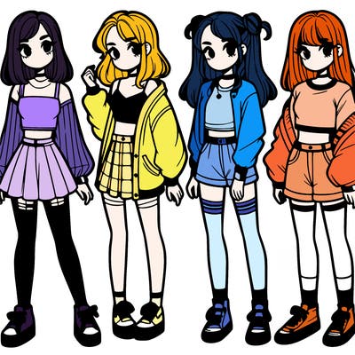 one girl with crop-top shirt and a jacket with a skirt, long socks and another girl with a shirt and pants with a jacket