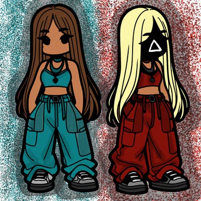 girl in baggy pants crop top and long hair