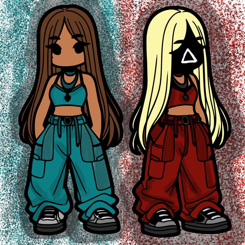 girl in baggy pants crop top and long hair