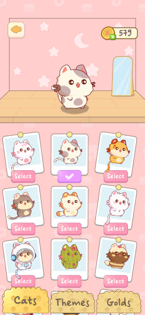 Infinity Cats - Menú de selección de personajes en Infinity Cats que muestra una cuadrícula de varios disfraces de gatos adorables en marcos de Polaroid.
