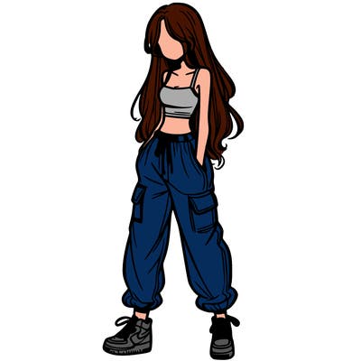 girl in baggy pants crop top and long hair