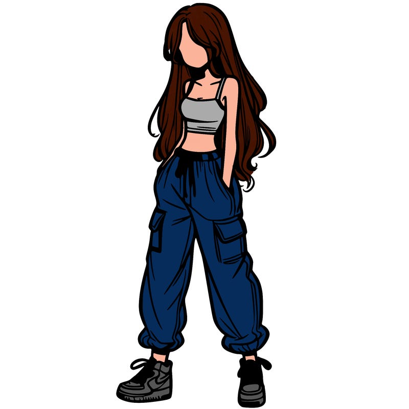 girl in baggy pants crop top and long hair