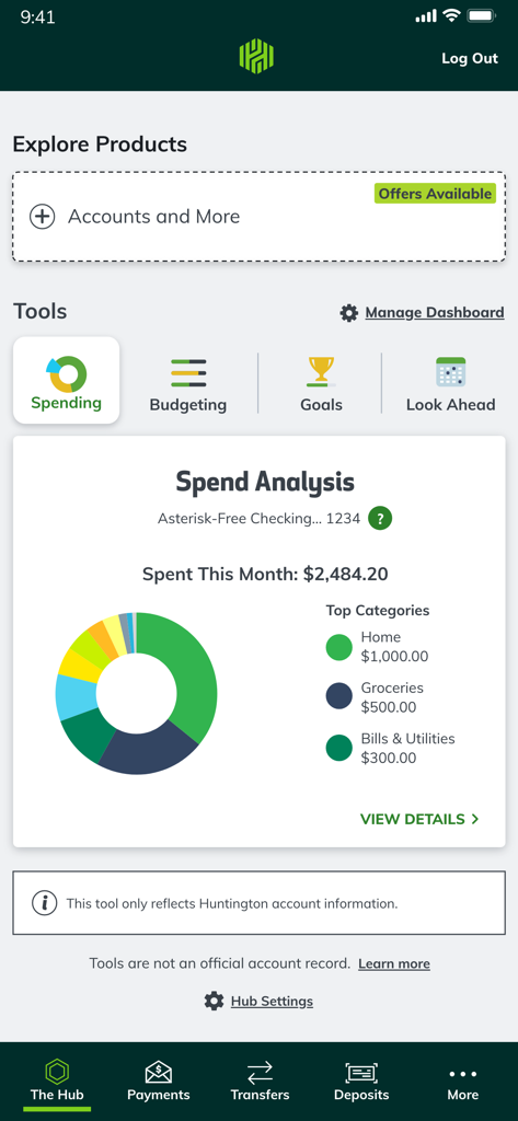 Huntington Mobile Banking - A dashboard view of the Huntington Mobile Banking app showing monthly spend analysis with a category donut chart.