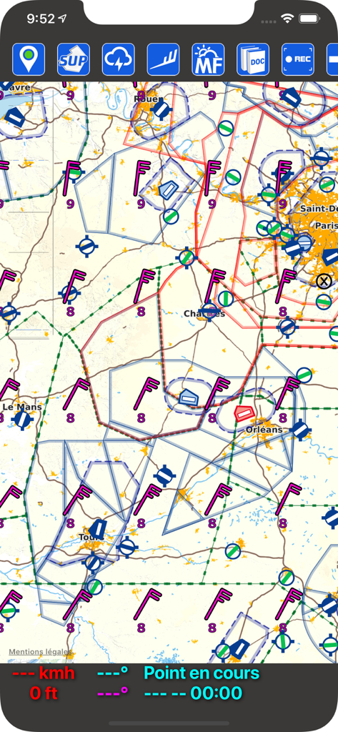 SDVFR - Aeronautical map of France with flight navigation data on the SDVFR app interface