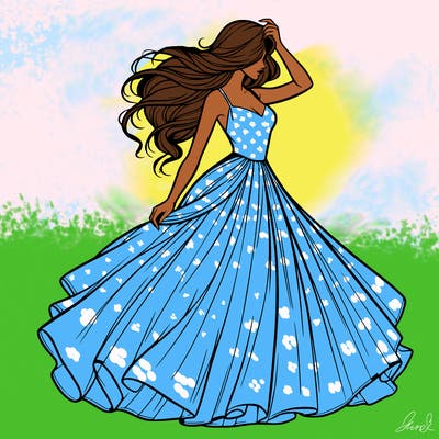 realistic woman with dress flowing in the wind