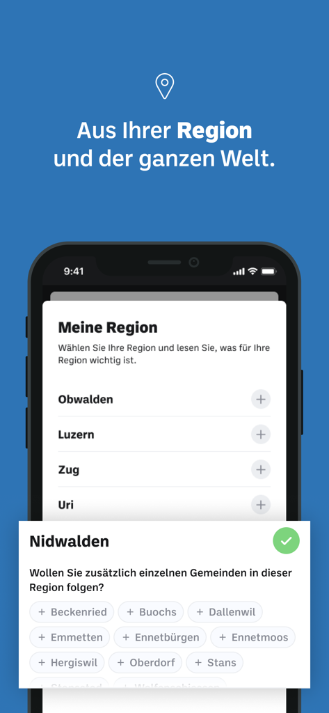 Interfaccia per la selezione di specifiche regioni e comuni svizzeri nell'app di notizie Nidwaldner Zeitung