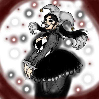 make a very pretty curvy female jester with siren like eyes and a smile with fangs
