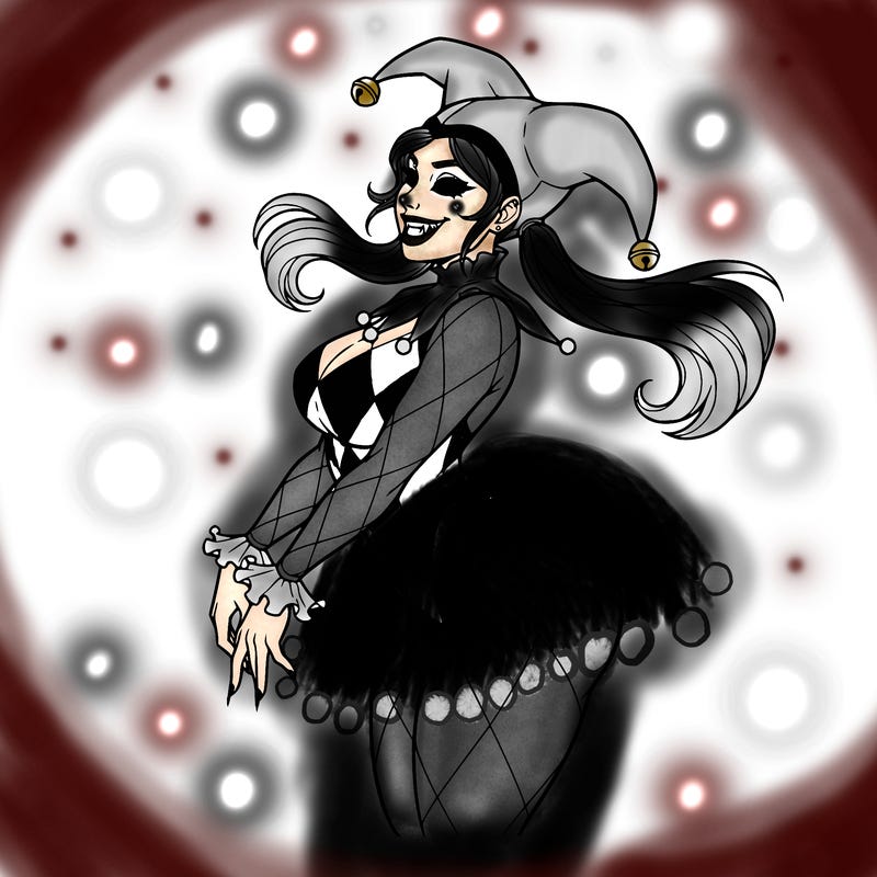 make a very pretty curvy female jester with siren like eyes and a smile with fangs