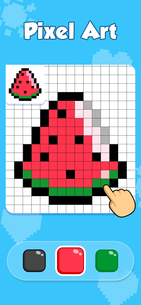 Baby Coloring book for Kids 3y - Página de colorear pixel art para niños pequeños con un dibujo de sandía en una cuadrícula.