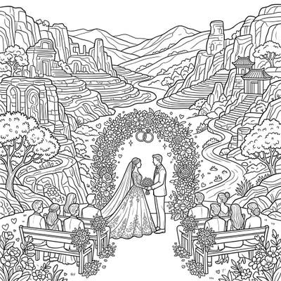 Step into a world where ancient beauty meets timeless romance with this captivating Sacred Valley Wedding coloring page. This intricate design offers a serene escape, perfect for bringing a unique love story to life with your favorite colors.