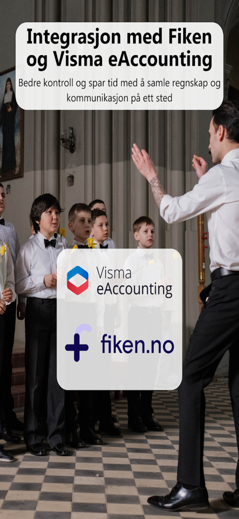 合唱団の指揮者が若い歌手のグループを指導している様子。FikenとVisma eAccountingの統合に関するオーバーレイ付き