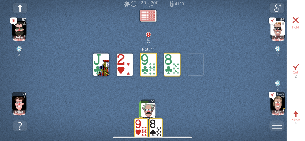 Captura de pantalla de un juego de póker en línea minimalista que muestra cartas en una mesa azul con avatares de jugadores y botones de apuesta.