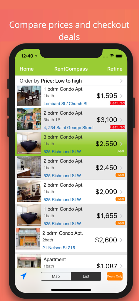 Rent Compass Apartment Finder - A list of apartment rental listings in Canada showing prices locations and featured deals on the Rent Compass app