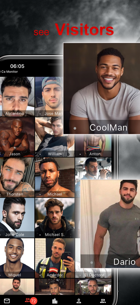 WE Gay Chat App-Oberfläche zeigt ein Raster von Männerprofilfotos und eine Benachrichtigung über Besucher anzeigen
