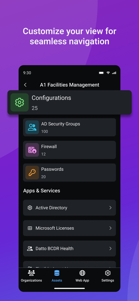 IT Glue mobile app interface displaying organized assets like configurations firewalls and passwords for a client