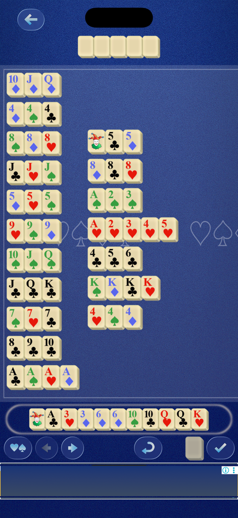 Rummy Cubes - A digital game board of Rummy Cubes showing various colored and numbered tiles organized into sets on a blue background