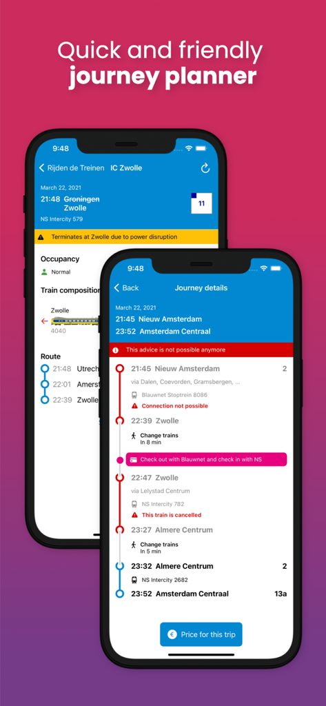 Interfaccia dell'app dei treni olandesi che mostra il pianificatore di viaggio con avvisi di interruzione in tempo reale in inglese