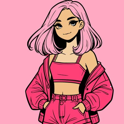 a realistic girl with a crop top and short shorts in an open jacket