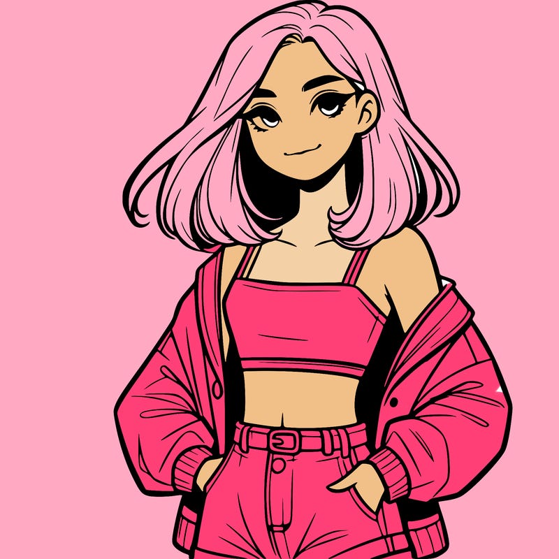 a realistic girl with a crop top and short shorts in an open jacket