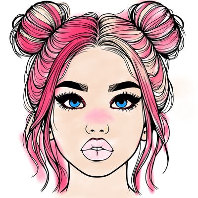 realistic girl with two buns on her hair and lips