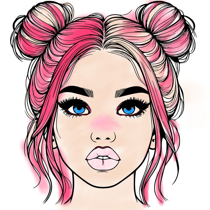 realistic girl with two buns on her hair and lips