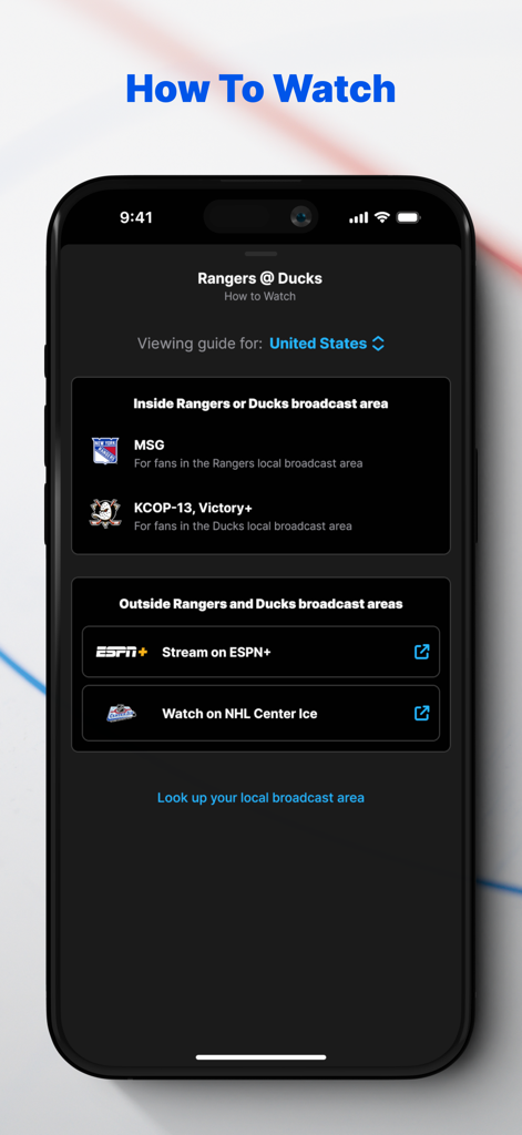 A screenshot of the NHL app showing the How to Watch feature with broadcast options for a game between the Rangers and Ducks.
