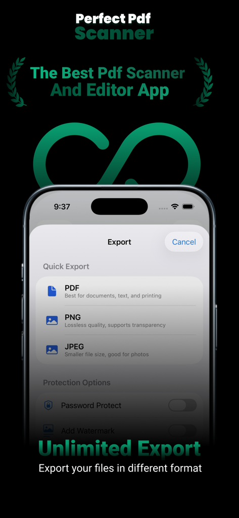 Perfect Pdf Scanner - La aplicación Perfect PDF Scanner mostrando opciones de exportación para formatos PDF, PNG y JPEG en la pantalla de un iPhone.