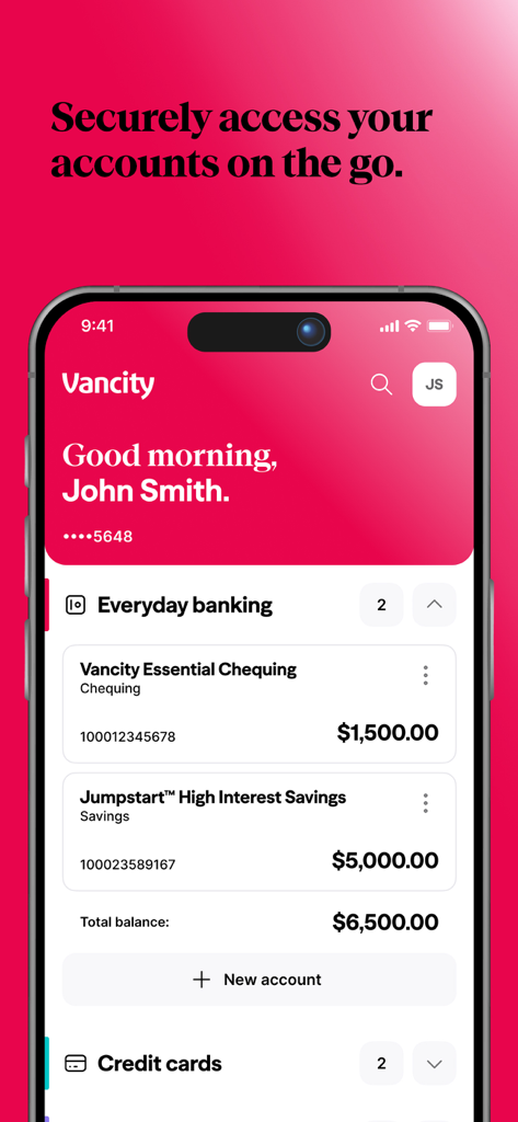 Vancity mobile banking app screen showing chequing and savings account balances