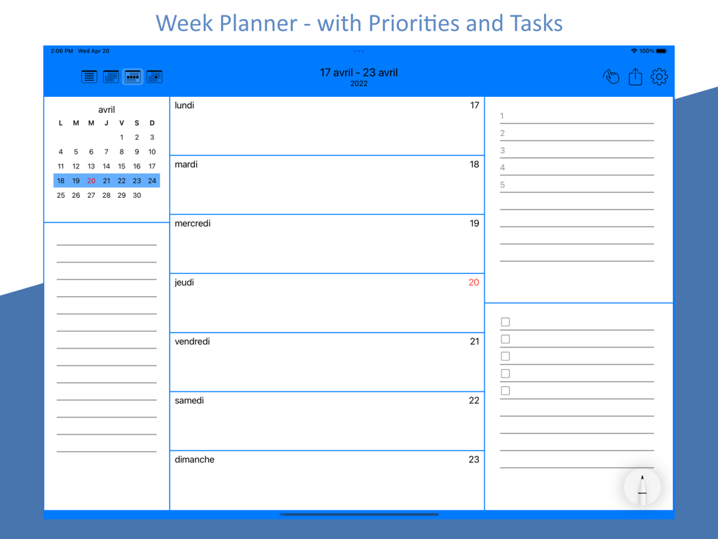 Pencil Calendar week planner view on iPad with priorities and tasks lists
