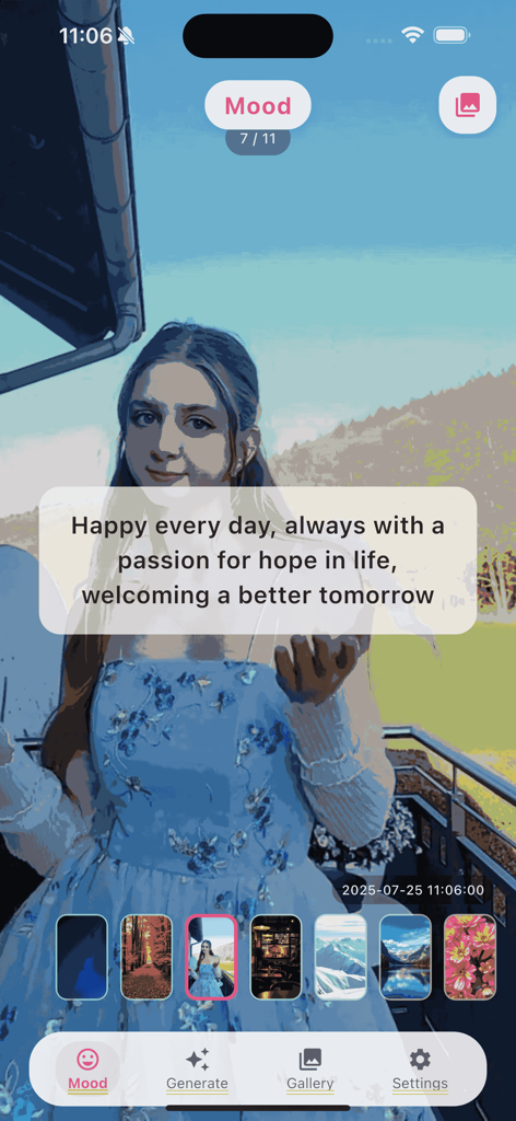 Ikream - Ikream mobile app mood screen displaying an aesthetic wallpaper with an inspirational quote overlay