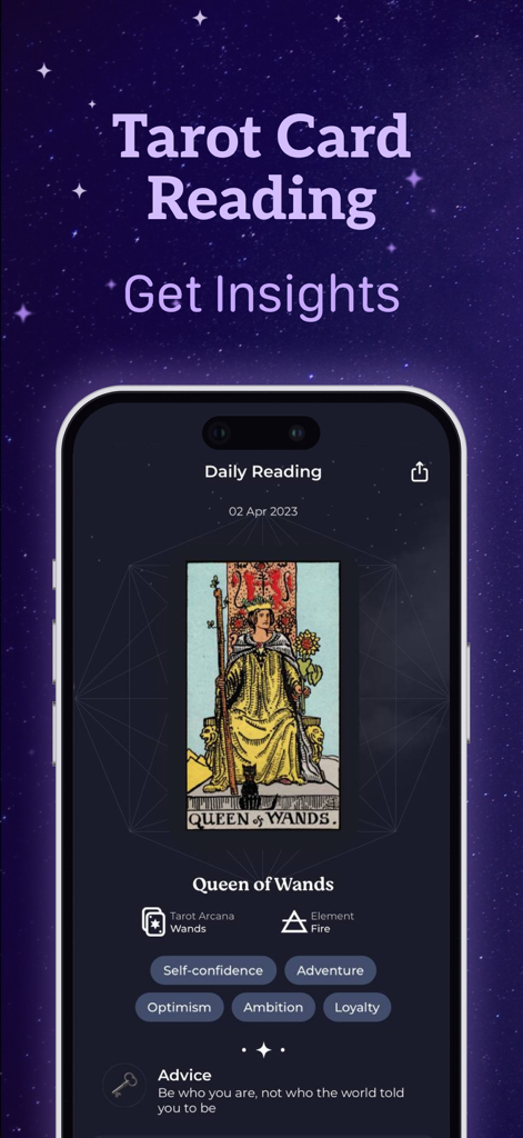 TarotX: Tarot Card Reading - TarotX app daily reading screen showing the Queen of Wands card with spiritual insights and keywords