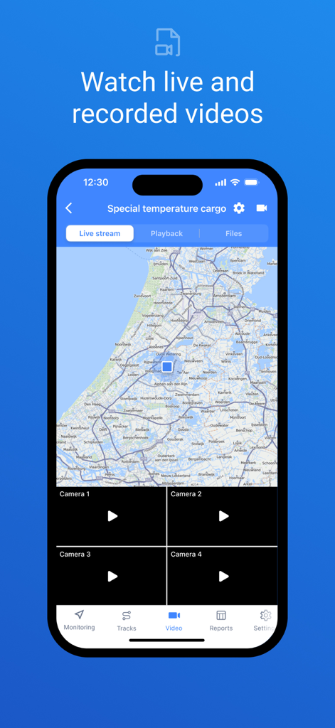 Wialon - Mobile Ansicht der Wialon-App, die Live-Videostreams von vier Kameras und eine Karte mit dem Standort der Einheit anzeigt