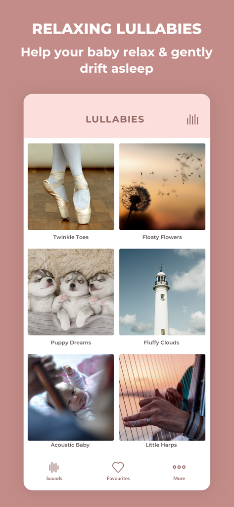 Sleeptot app screen displaying a selection of relaxing lullabies for babies with calming imagery