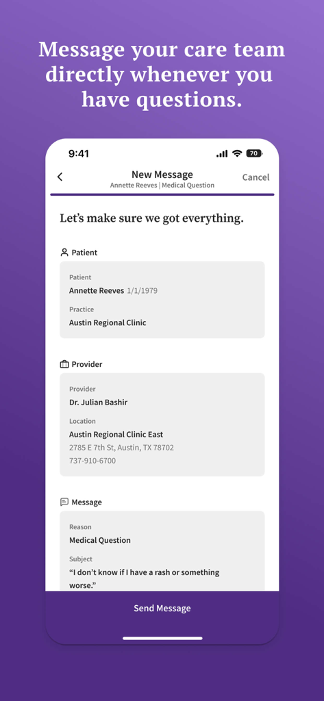 athenaPatient - athenaPatient app screen showing the interface to send a secure message to a doctor