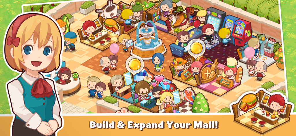 Happy Mall Story - A colorful shopping mall simulation showing chibi characters interacting with various shops like a burger stand and arcade